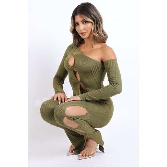 Women's Asymmetric One Shoulder Cutout Ribbed Top and Matching Flare Pants Set - Picture 8 of 8